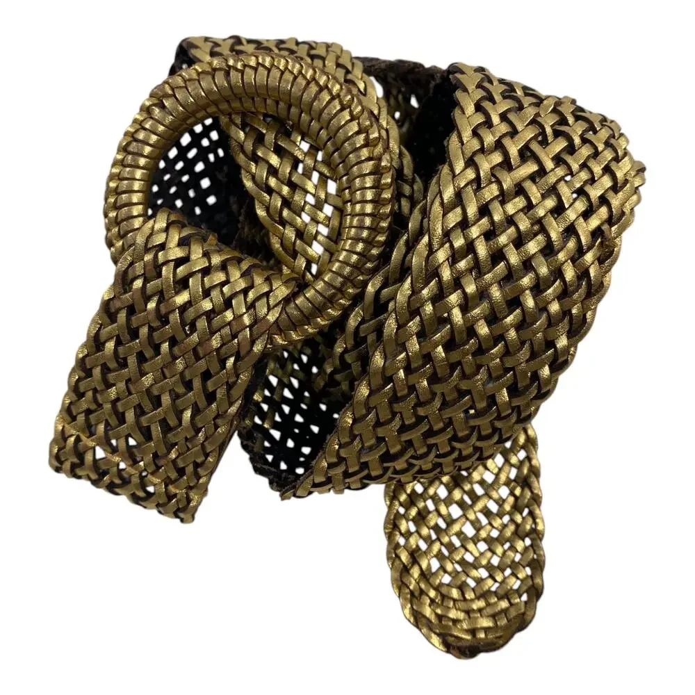 Vintage J. Crew Boho Retired Metallic Gold Woven Braided Leather Belt 42” S/M - Picture 2 of 5